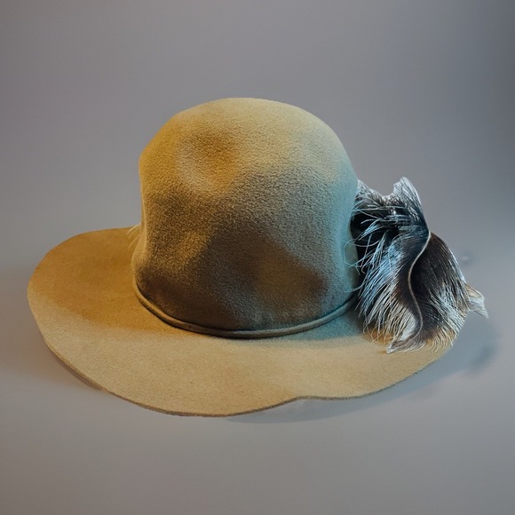Handmade Eddie Ruth Brooks Tan Felt Feather Hat Wide Brim Vintage Style M/L - Picture 3 of 10